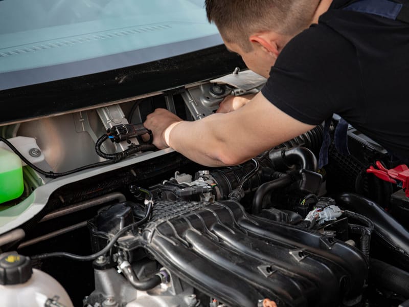 Technician connecting a wiring harness plug in a car engine bay