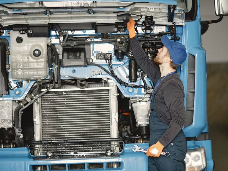 Mechanic working on the engine of a truck with the cab front open