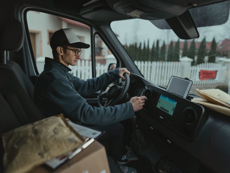 Delivery driver at the wheel of a van with parcels on the passenger seat