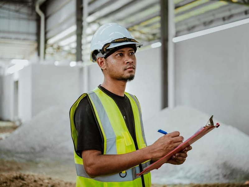 Site inspector in a hard hat and high-visibility vest taking notes on a clipboard