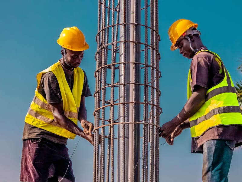 Two workers in hard hats tying a steel rebar column cage