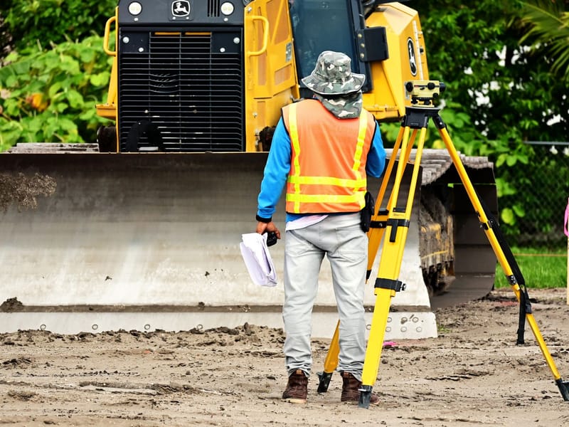 Surveyor beside a tripod-mounted level on a construction site