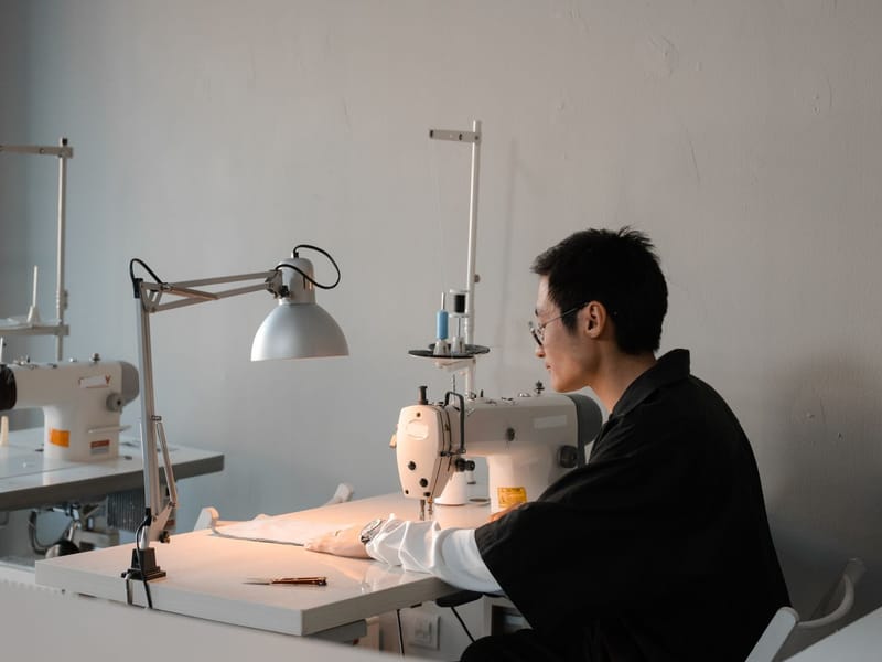 Tailor sewing fabric at an industrial sewing machine in a workshop